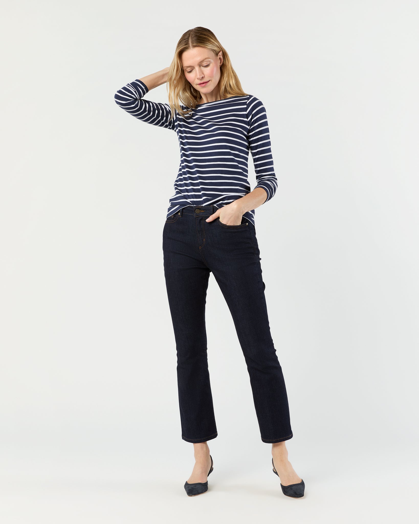 Long-Sleeved Boatneck Tee in Navy/White Stripe Pima Cotton