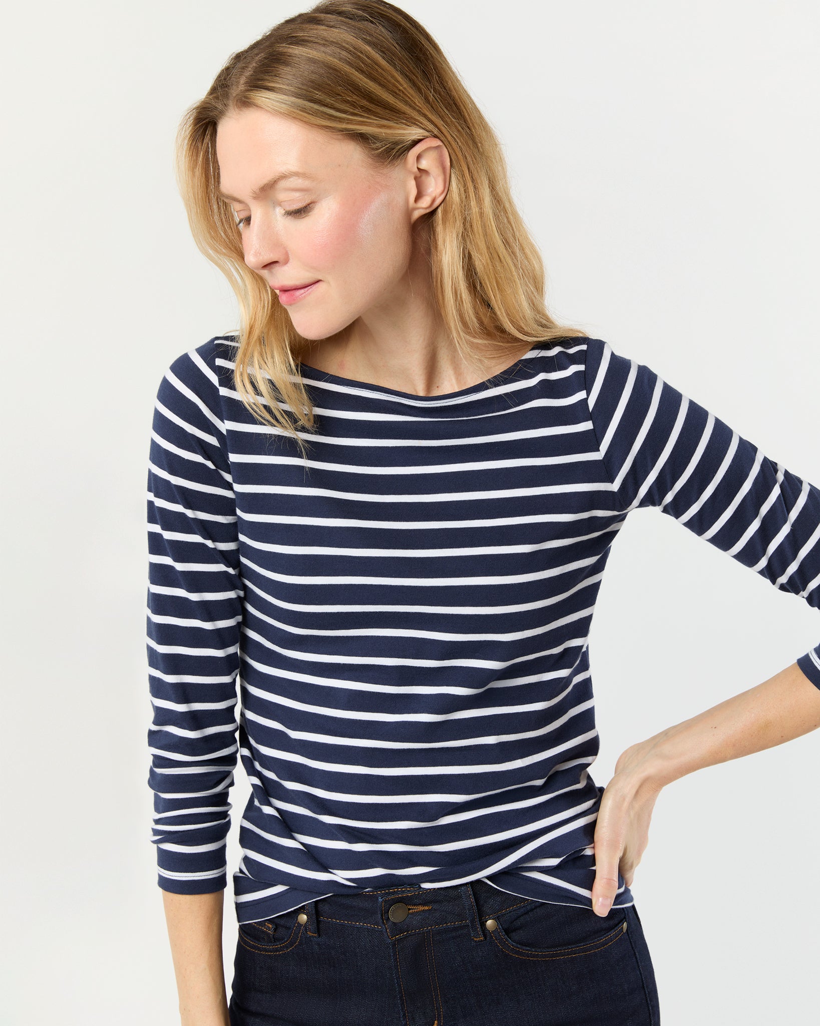 Long-Sleeved Boatneck Tee in Navy/White Stripe Pima Cotton