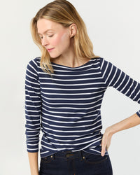 Long-Sleeved Boatneck Tee in Navy/White Stripe Pima Cotton
