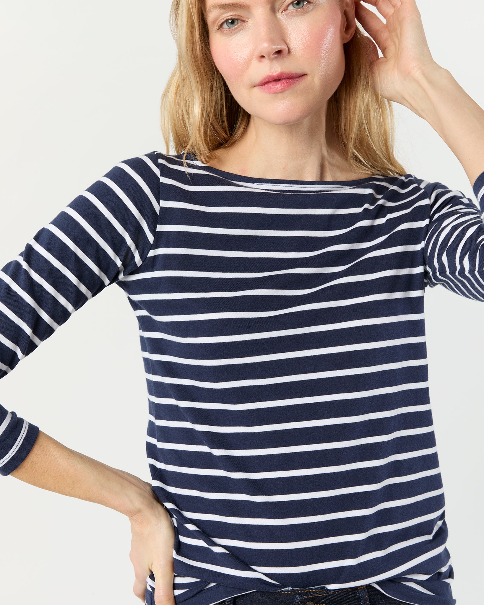 Long-Sleeved Boatneck Tee in Navy/White Stripe Pima Cotton