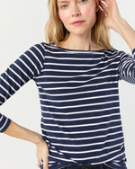 Load image into Gallery viewer, Long-Sleeved Boatneck Tee in Navy/White Stripe Pima Cotton
