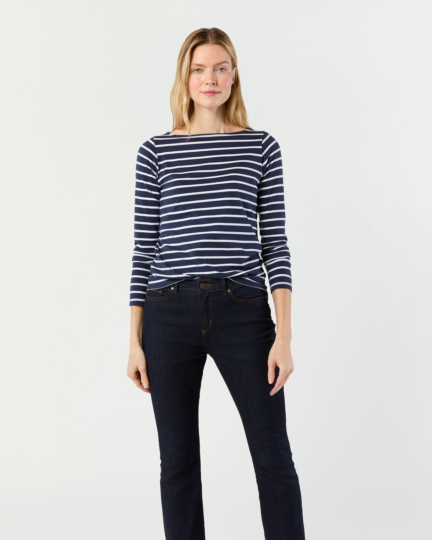 Long-Sleeved Boatneck Tee in Navy/White Stripe Pima Cotton