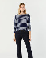 Load image into Gallery viewer, Long-Sleeved Boatneck Tee in Navy/White Stripe Pima Cotton
