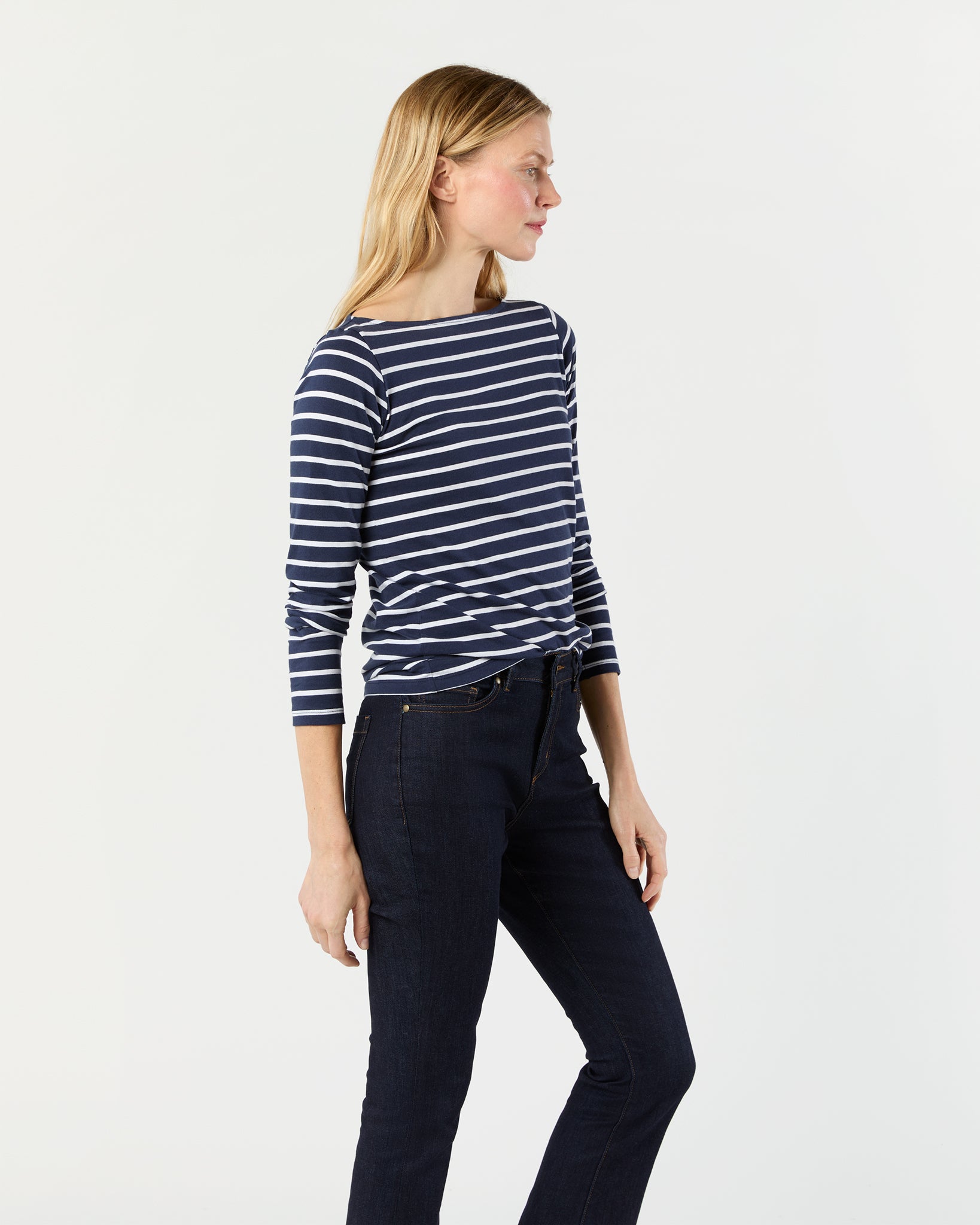 Long-Sleeved Boatneck Tee in Navy/White Stripe Pima Cotton