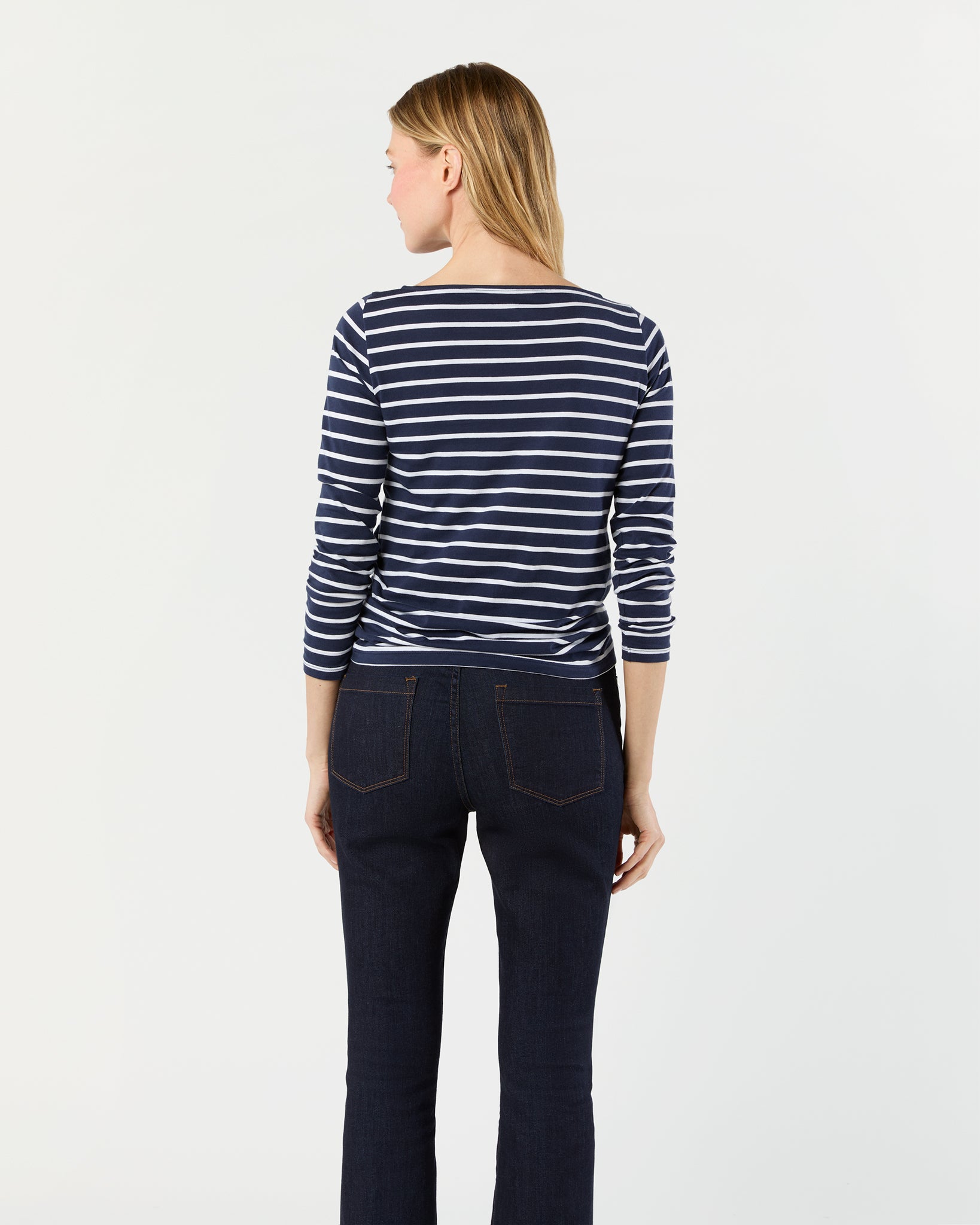 Long-Sleeved Boatneck Tee in Navy/White Stripe Pima Cotton