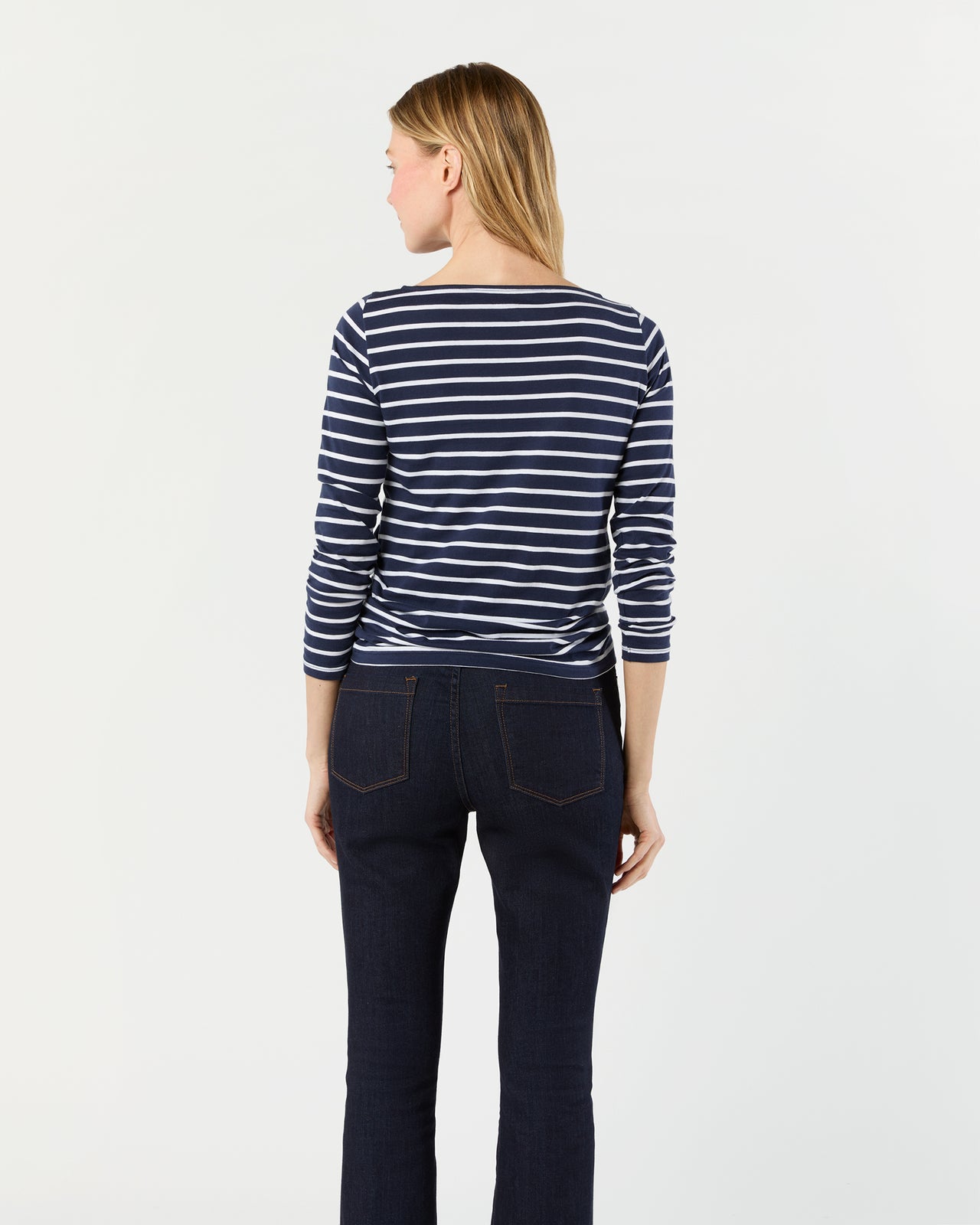 Long-Sleeved Boatneck Tee in Navy/White Stripe Pima Cotton