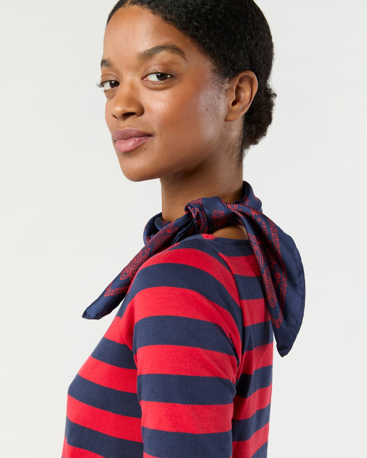 Medium Hand-Rolled Silk Scarf in Navy/Red Floral Paisley