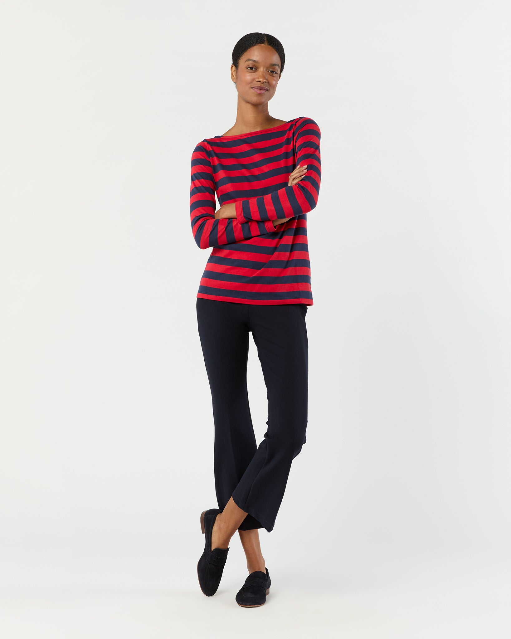 Long-Sleeved Boatneck Tee in Red/Navy Stripe Pima Cotton