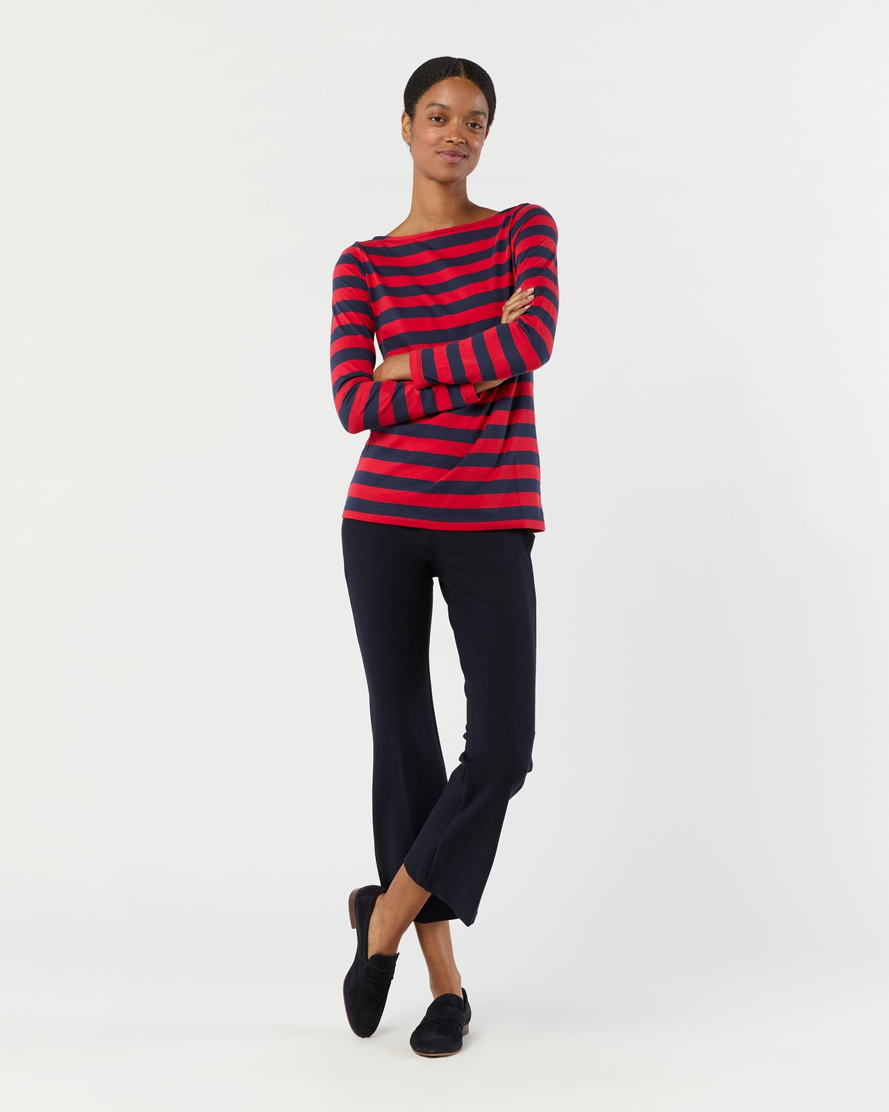 Long-Sleeved Boatneck Tee in Red/Navy Stripe Pima Cotton