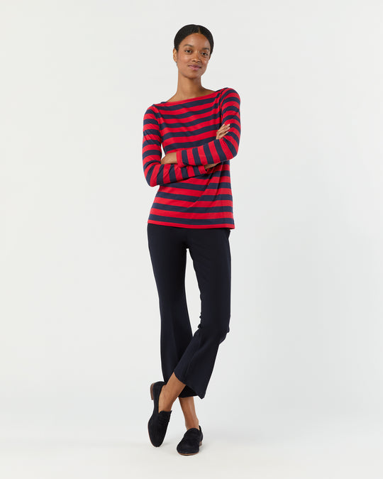 Long-Sleeved Boatneck Tee in Red/Navy Stripe Pima Cotton