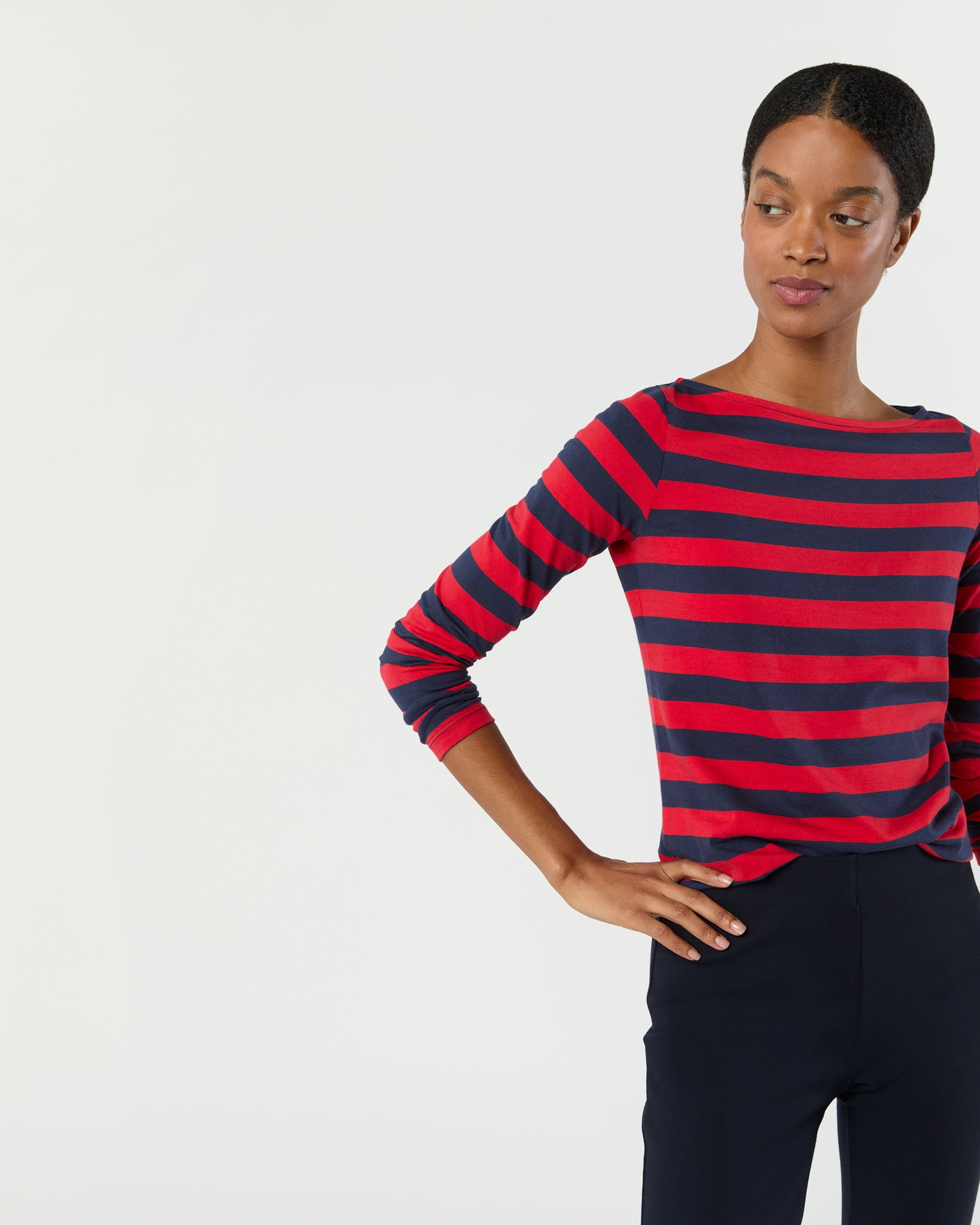 Long-Sleeved Boatneck Tee in Red/Navy Stripe Pima Cotton
