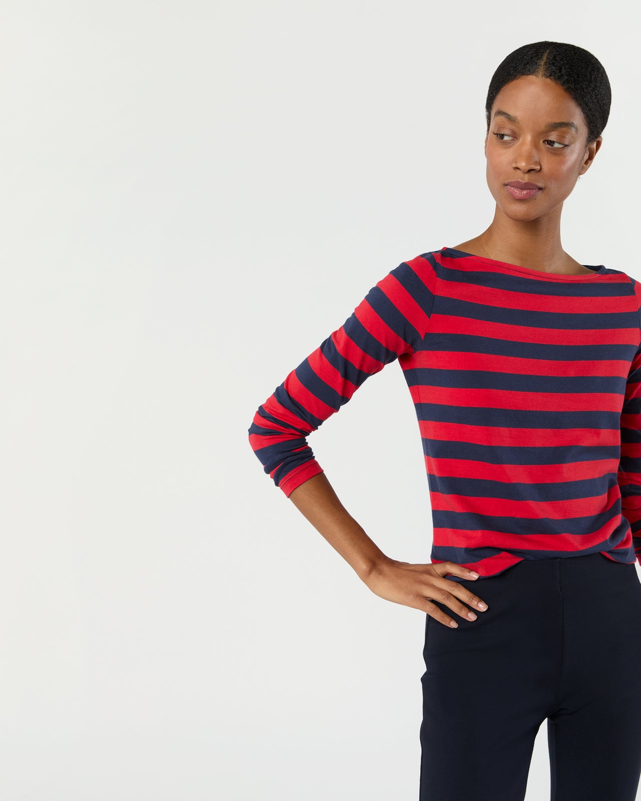 Long-Sleeved Boatneck Tee in Red/Navy Stripe Pima Cotton