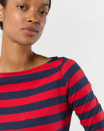 Load image into Gallery viewer, Long-Sleeved Boatneck Tee in Red/Navy Stripe Pima Cotton
