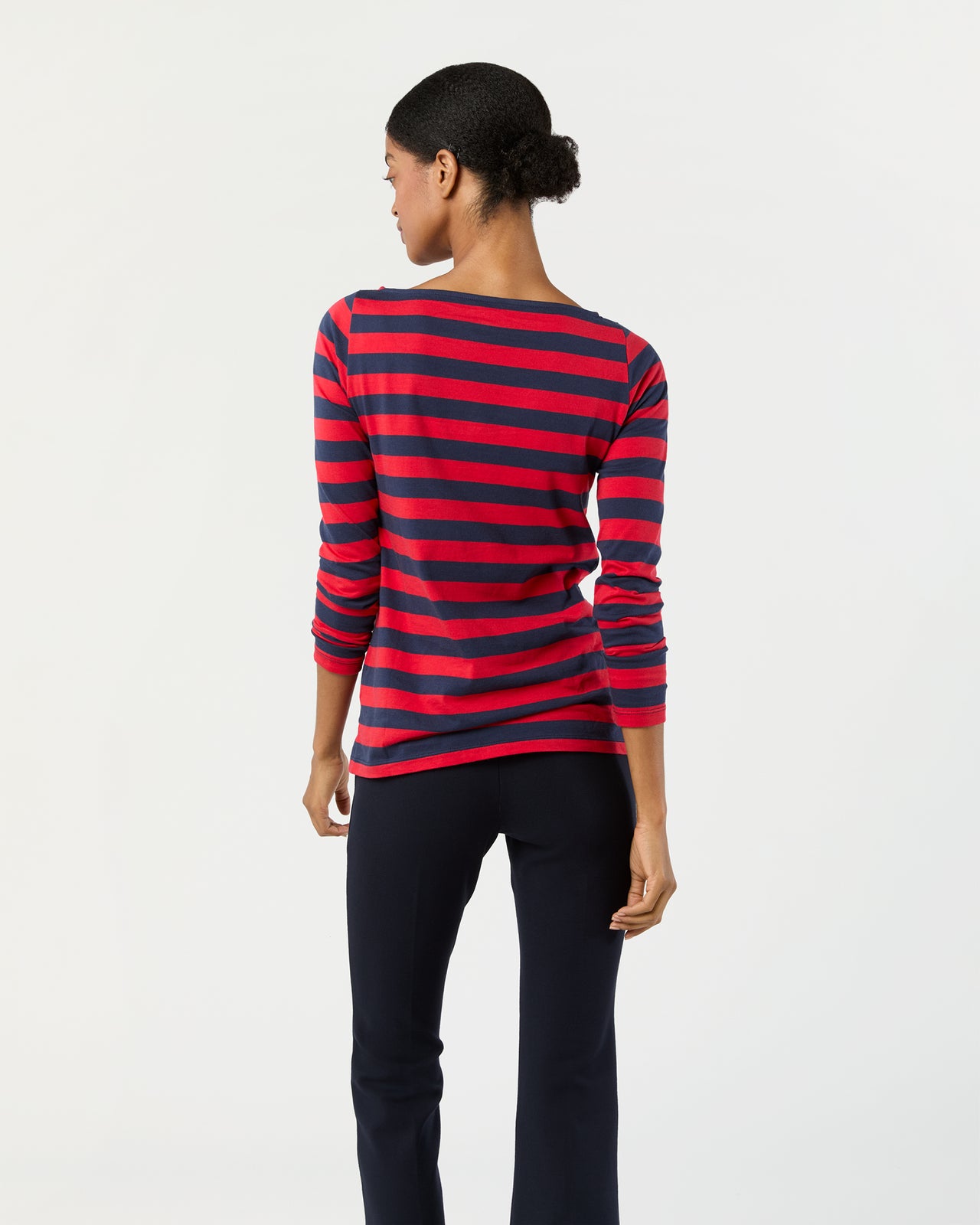 Long-Sleeved Boatneck Tee in Red/Navy Stripe Pima Cotton