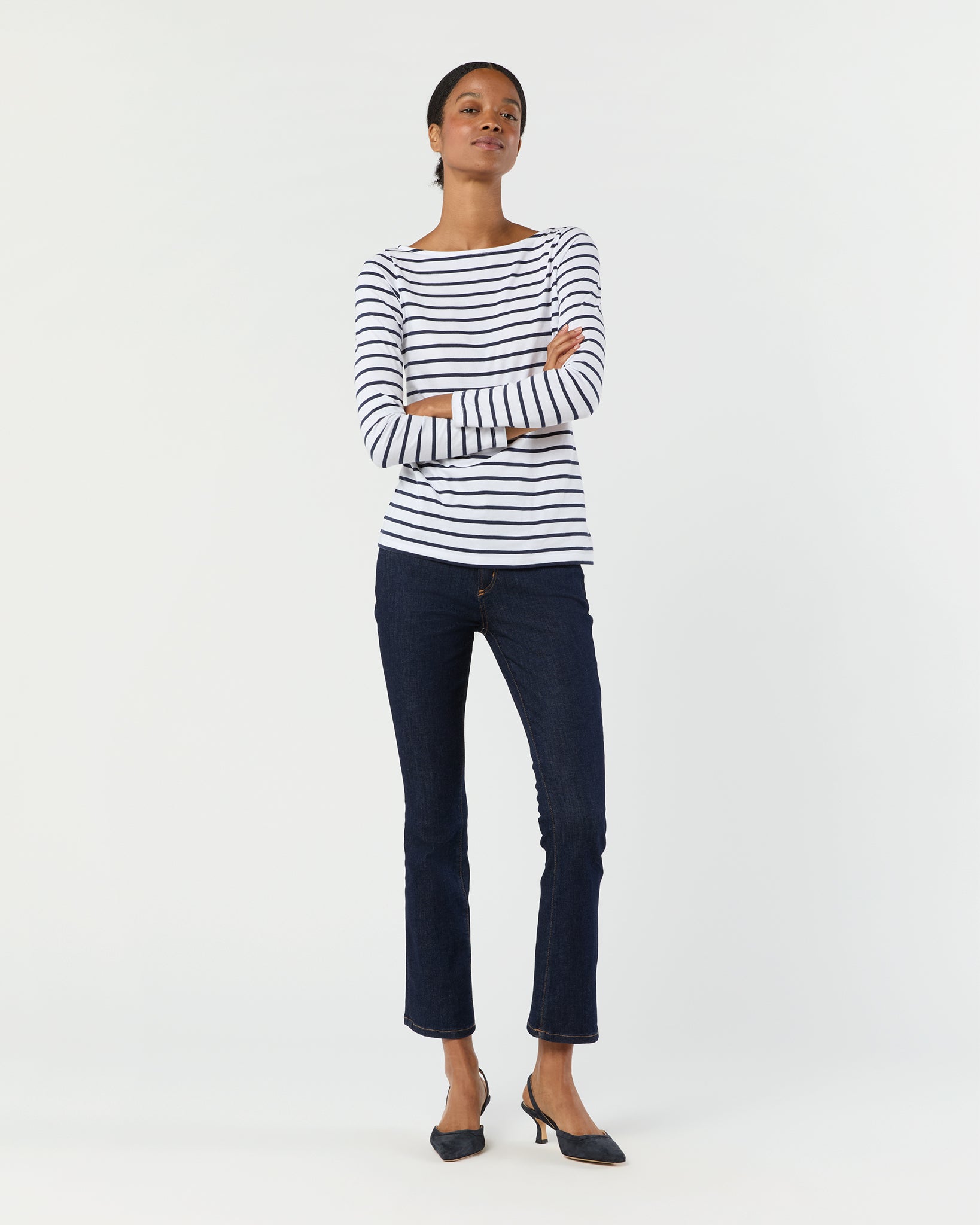 Long-Sleeved Boatneck Tee in White/Navy Stripe Pima Cotton