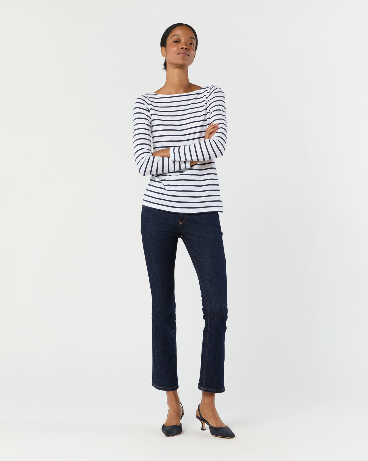Long-Sleeved Boatneck Tee in White/Navy Stripe Pima Cotton