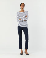 Load image into Gallery viewer, Long-Sleeved Boatneck Tee in White/Navy Stripe Pima Cotton
