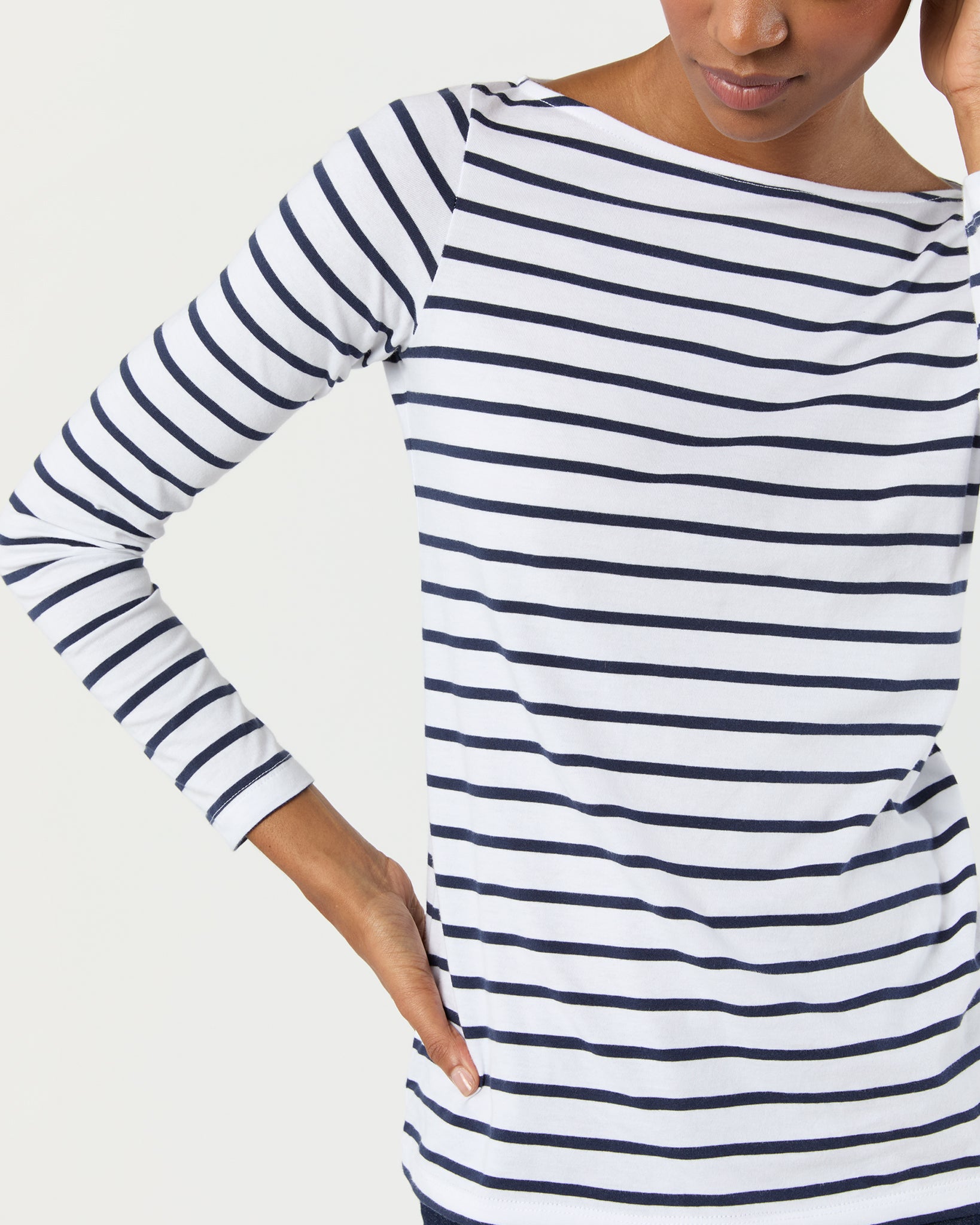 Long-Sleeved Boatneck Tee in White/Navy Stripe Pima Cotton