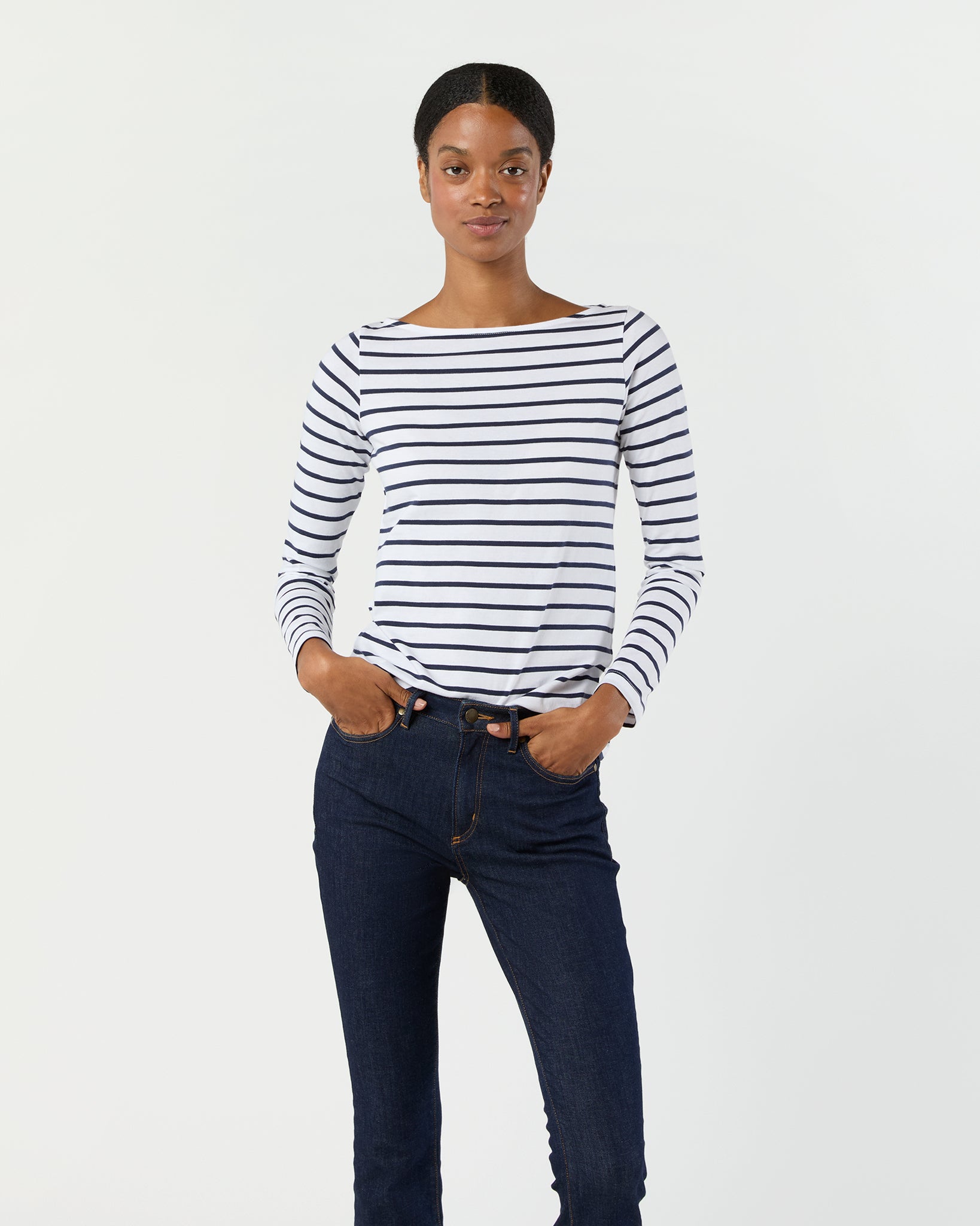 Long-Sleeved Boatneck Tee in White/Navy Stripe Pima Cotton