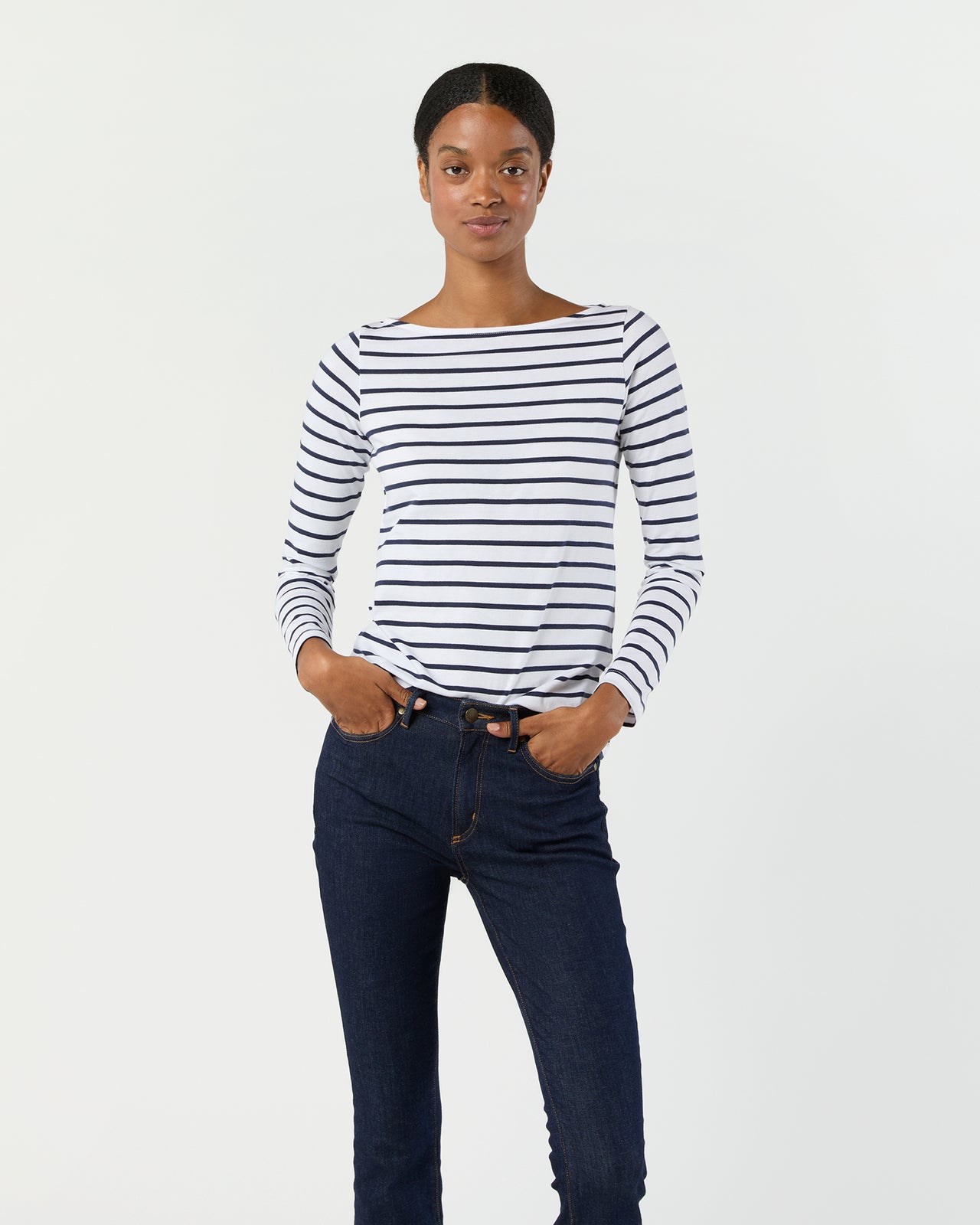 Long-Sleeved Boatneck Tee in White/Navy Stripe Pima Cotton