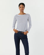 Load image into Gallery viewer, Long-Sleeved Boatneck Tee in White/Navy Stripe Pima Cotton

