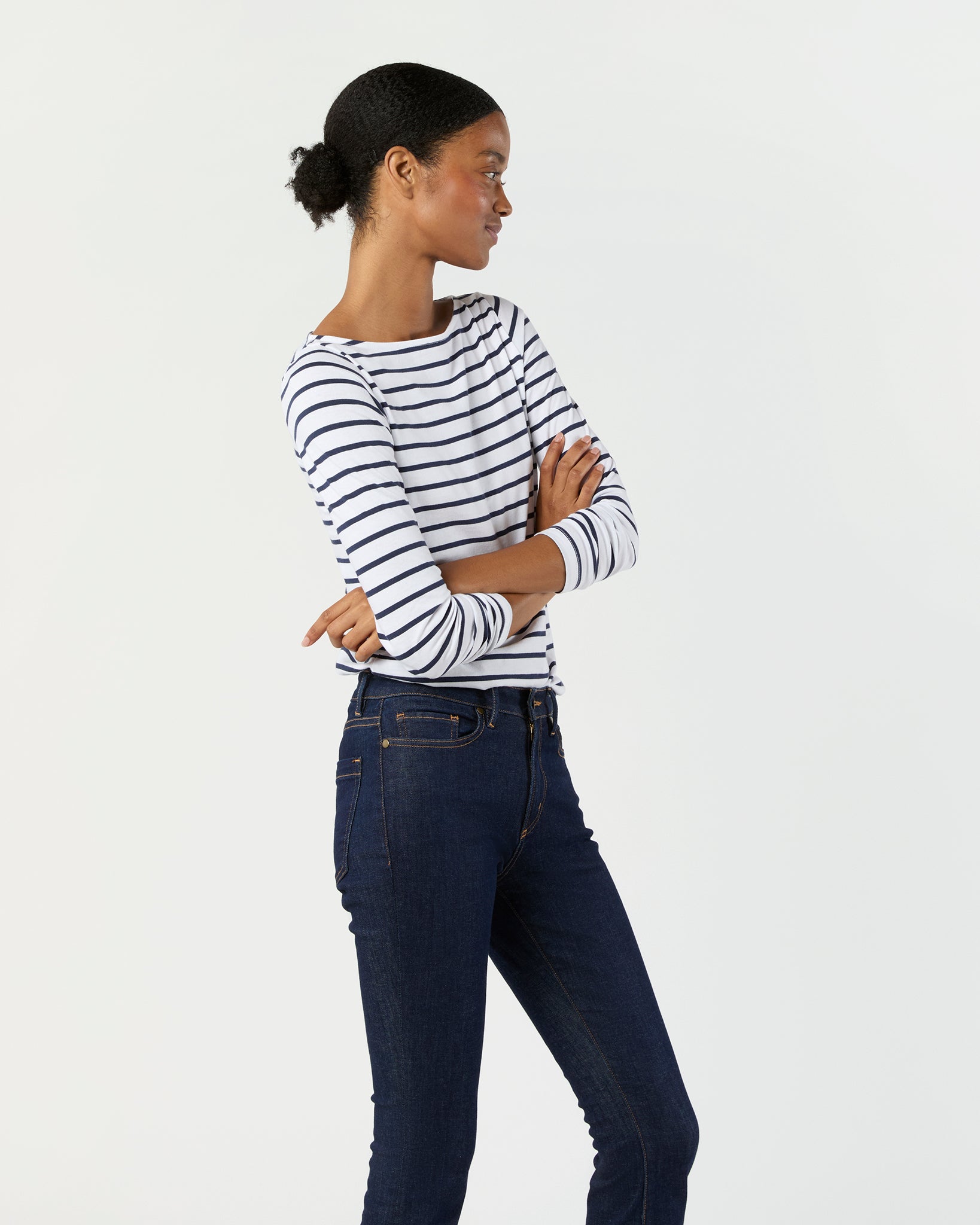 Long-Sleeved Boatneck Tee in White/Navy Stripe Pima Cotton