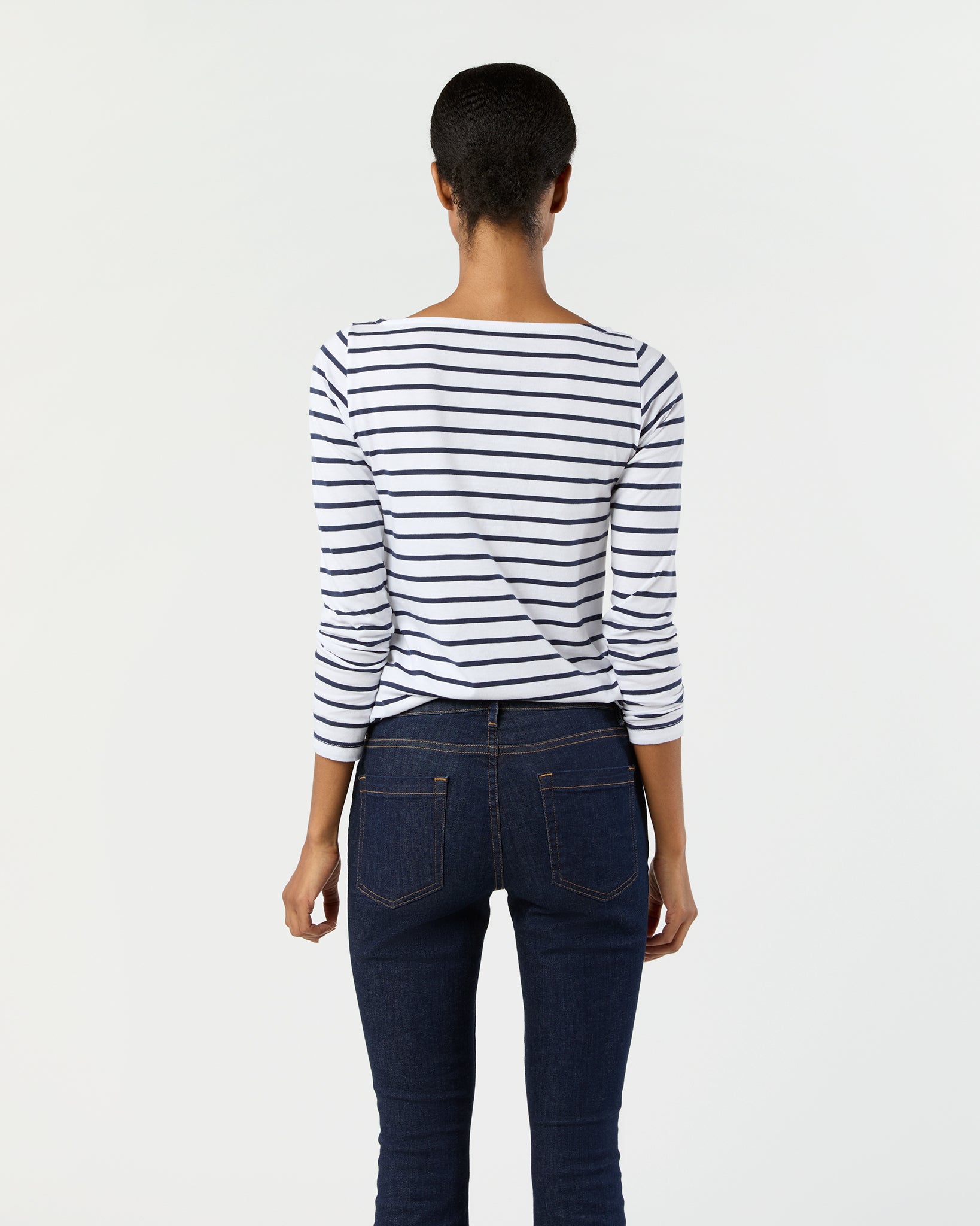 Long-Sleeved Boatneck Tee in White/Navy Stripe Pima Cotton