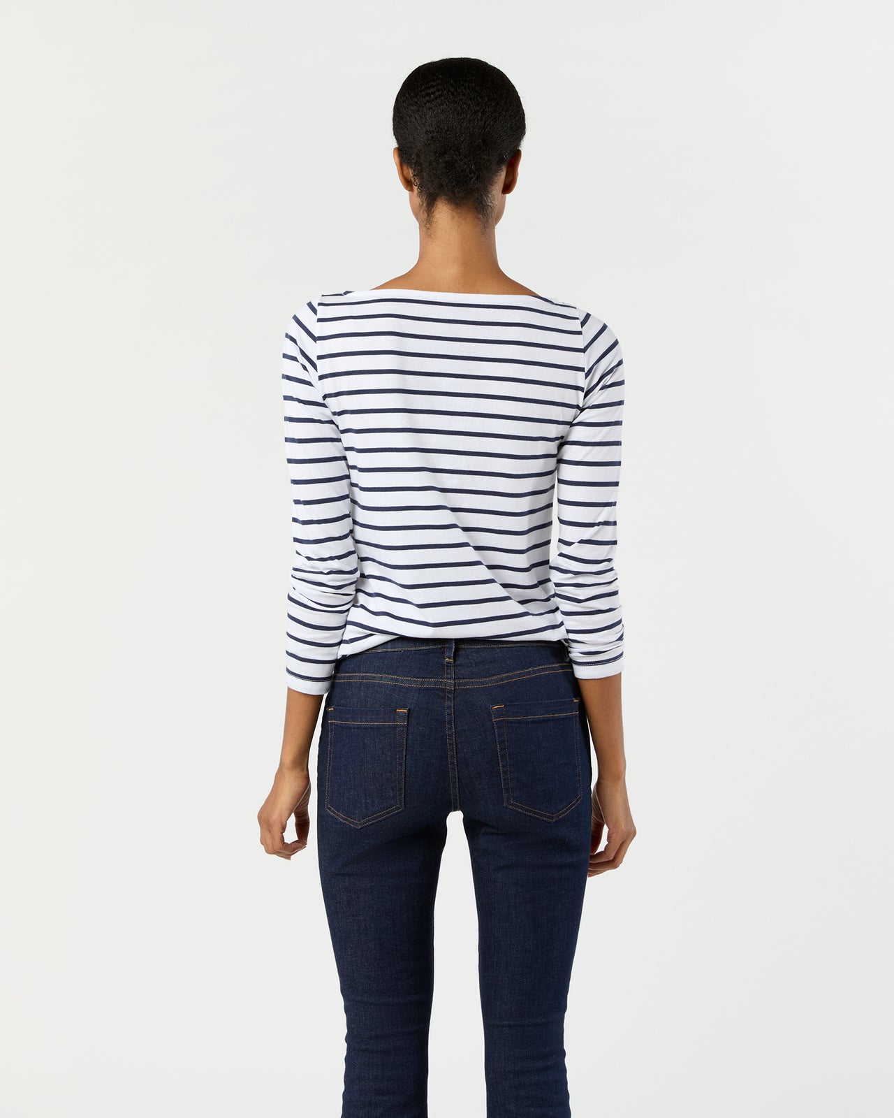 Long-Sleeved Boatneck Tee in White/Navy Stripe Pima Cotton