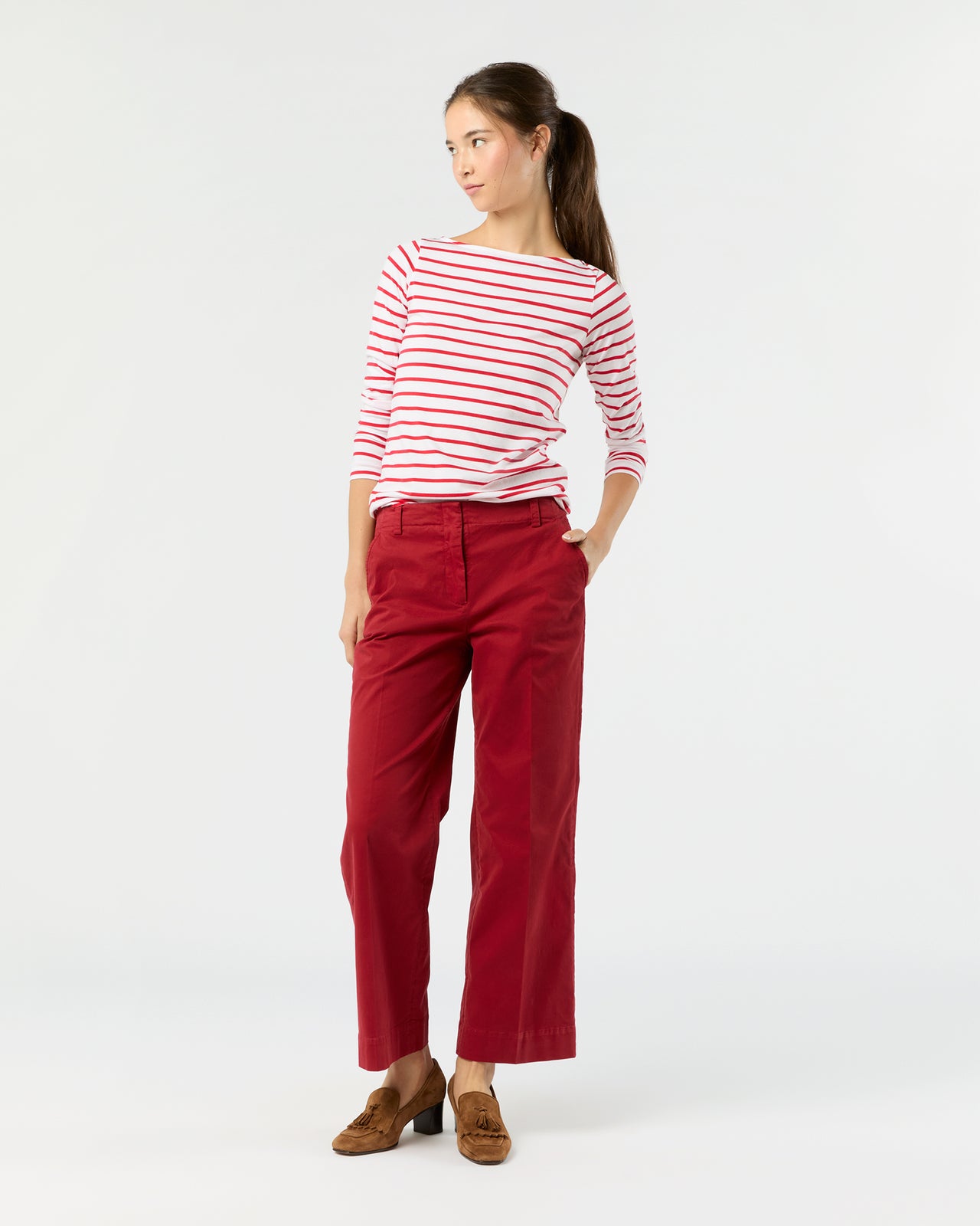 Long-Sleeved Boatneck Tee in White/Red Stripe Pima Cotton