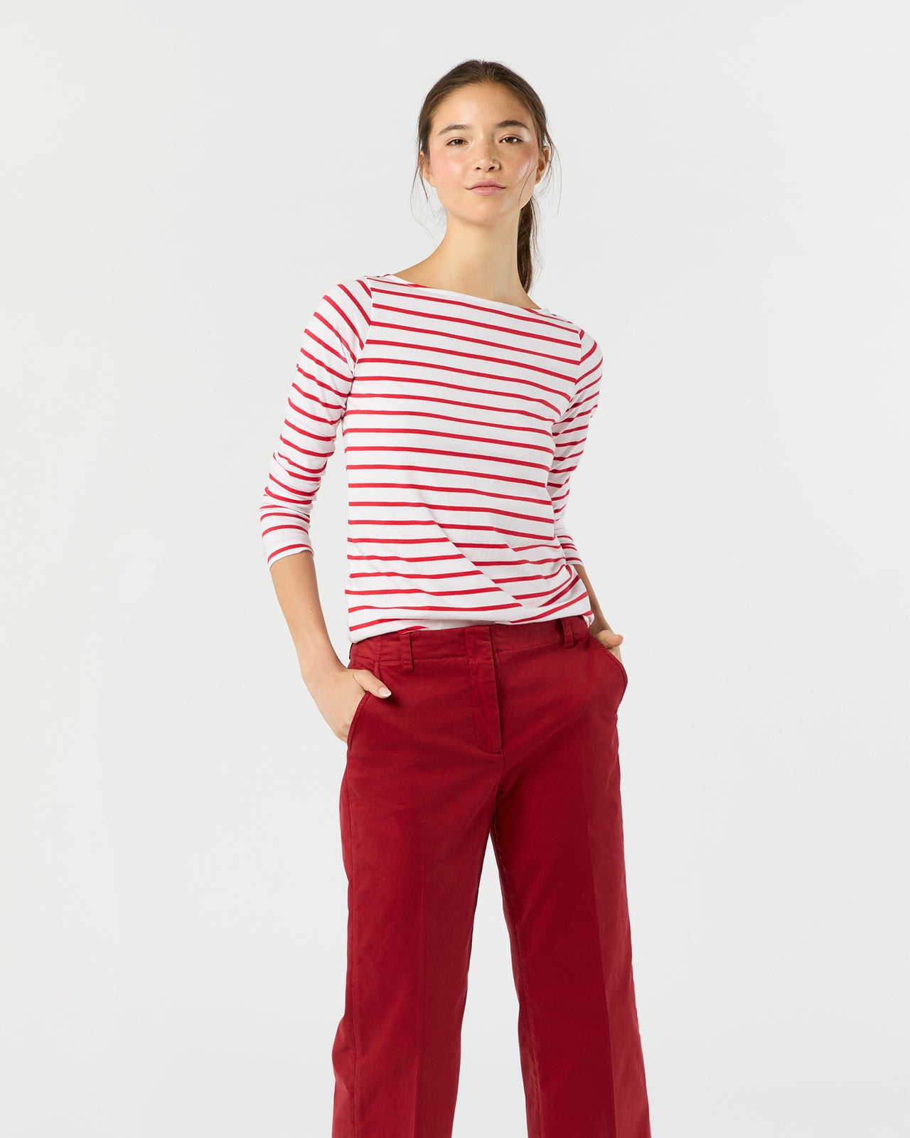 Long-Sleeved Boatneck Tee in White/Red Stripe Pima Cotton