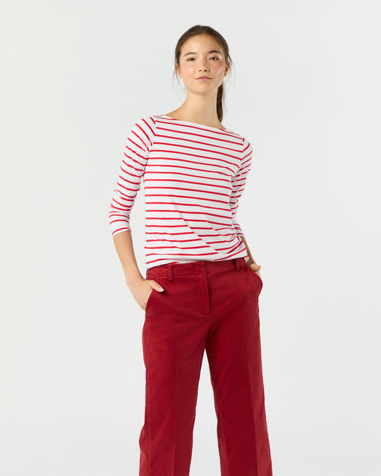Long-Sleeved Boatneck Tee in White/Red Stripe Pima Cotton