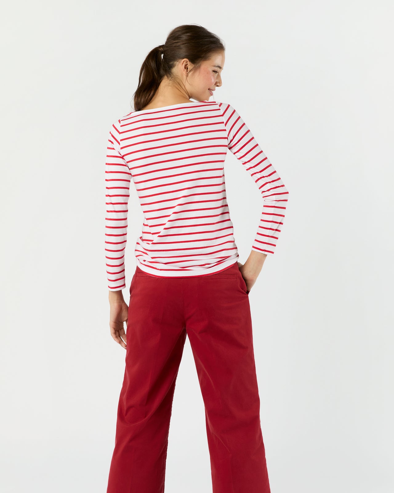 Long-Sleeved Boatneck Tee in White/Red Stripe Pima Cotton