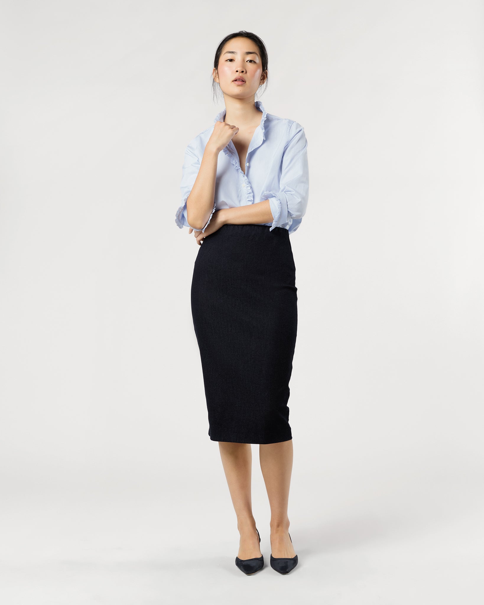 Frill Shirt in Sky Pencil Stripe Poplin | Shop Ann Mashburn