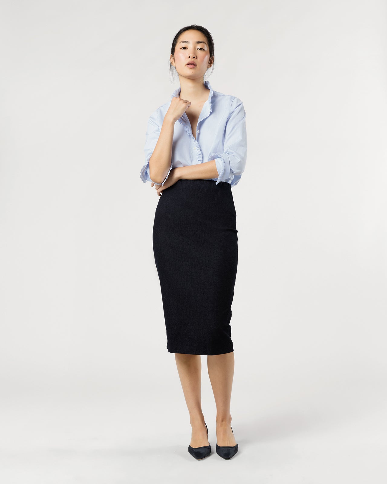 Frill Shirt in Sky Pencil Stripe Poplin