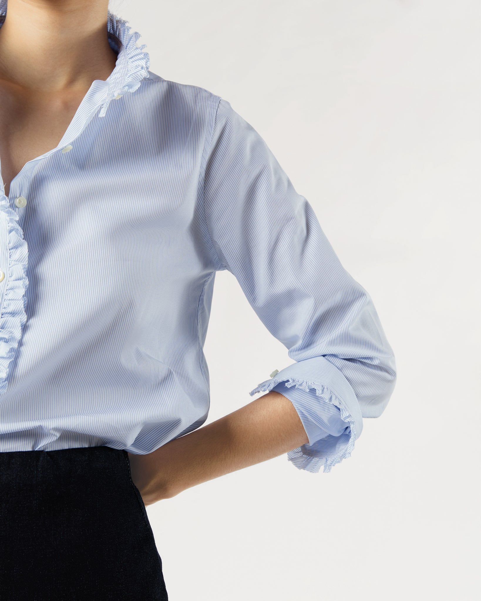 Frill Shirt in Sky Pencil Stripe Poplin | Shop Ann Mashburn