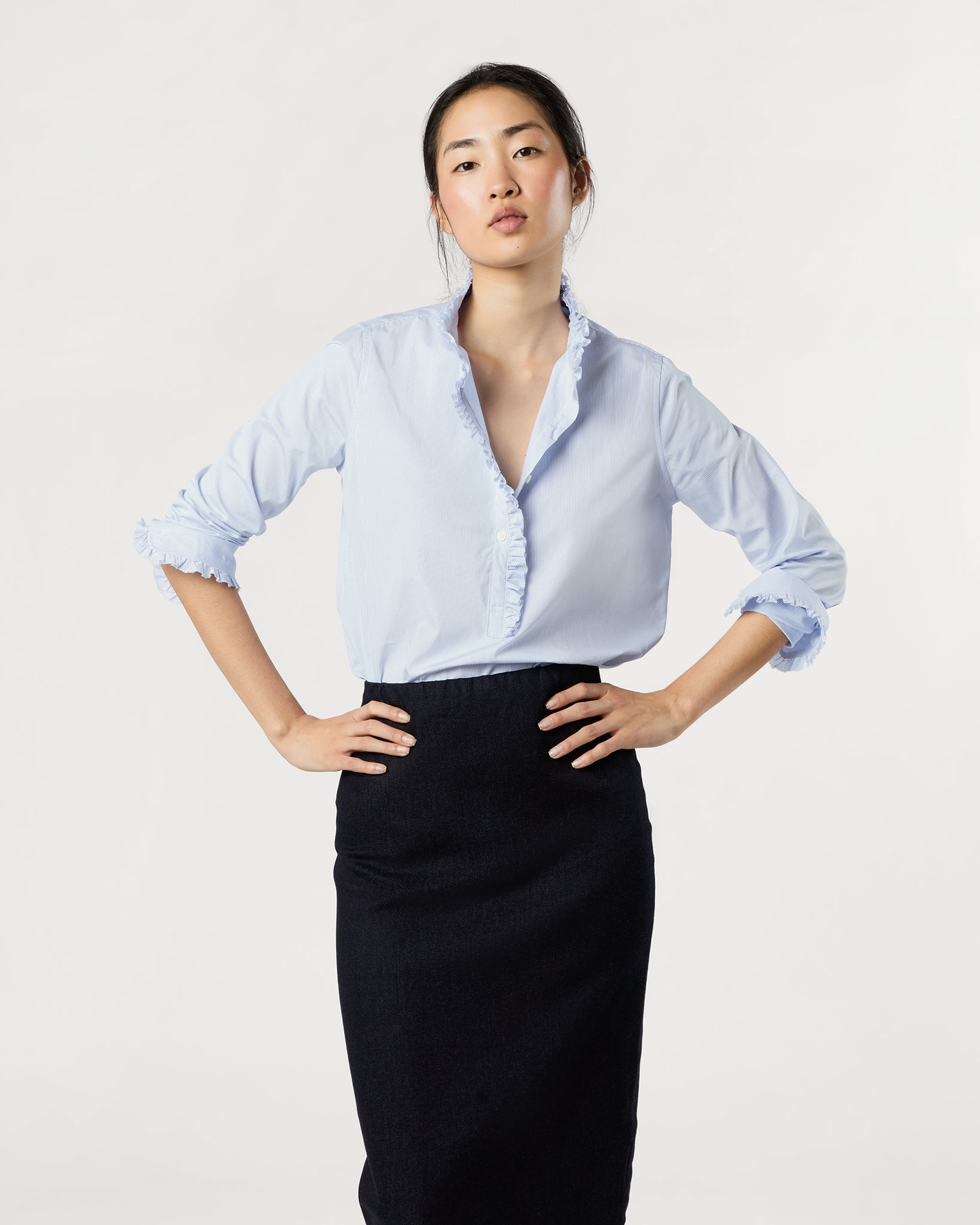 Frill Shirt in Sky Pencil Stripe Poplin | Shop Ann Mashburn