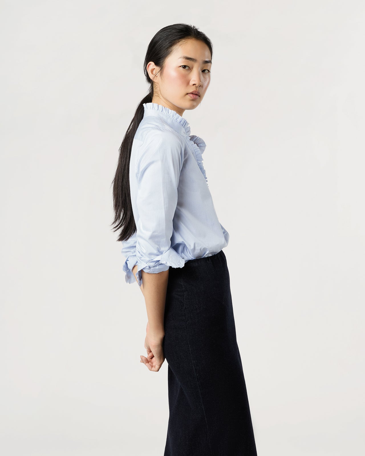 Frill Shirt in Sky Pencil Stripe Poplin | Shop Ann Mashburn