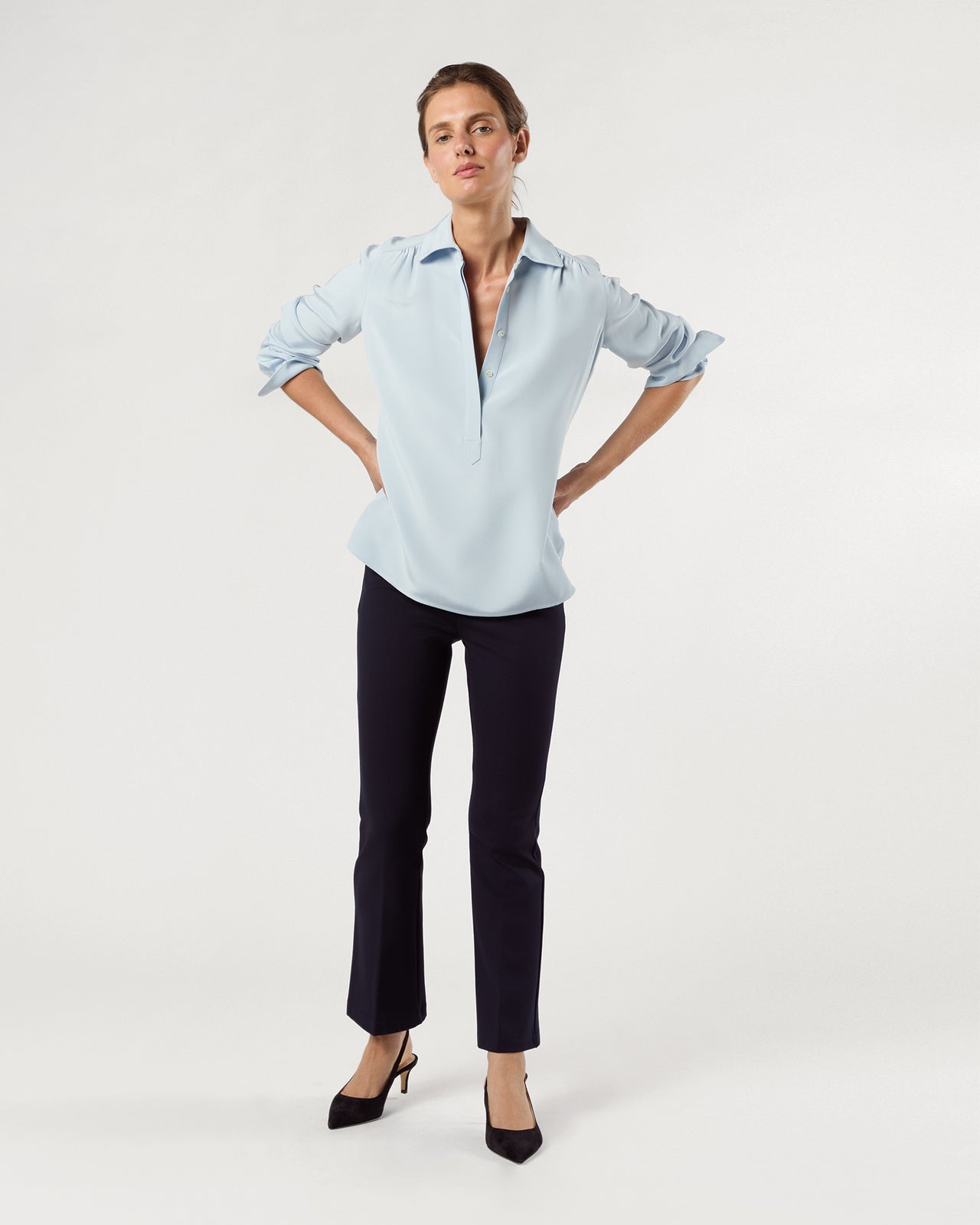 Natalia Blouse in Pale Blue Silk Crepe de Chine