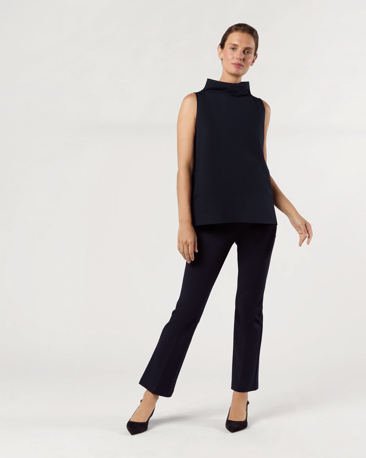 Funnel-Neck Top in Navy Paperweight Stretch Poplin