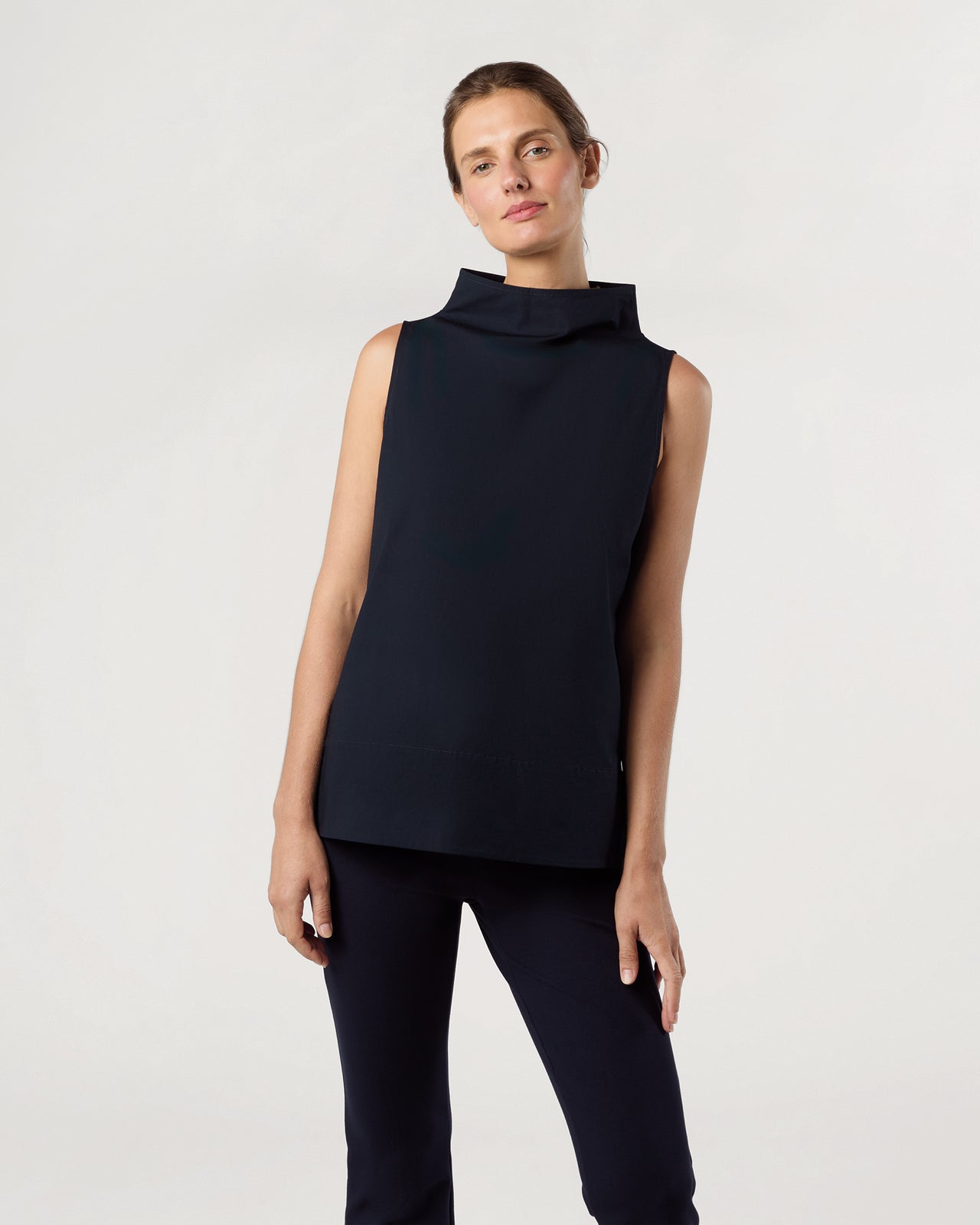 Funnel-Neck Top in Navy Paperweight Stretch Poplin