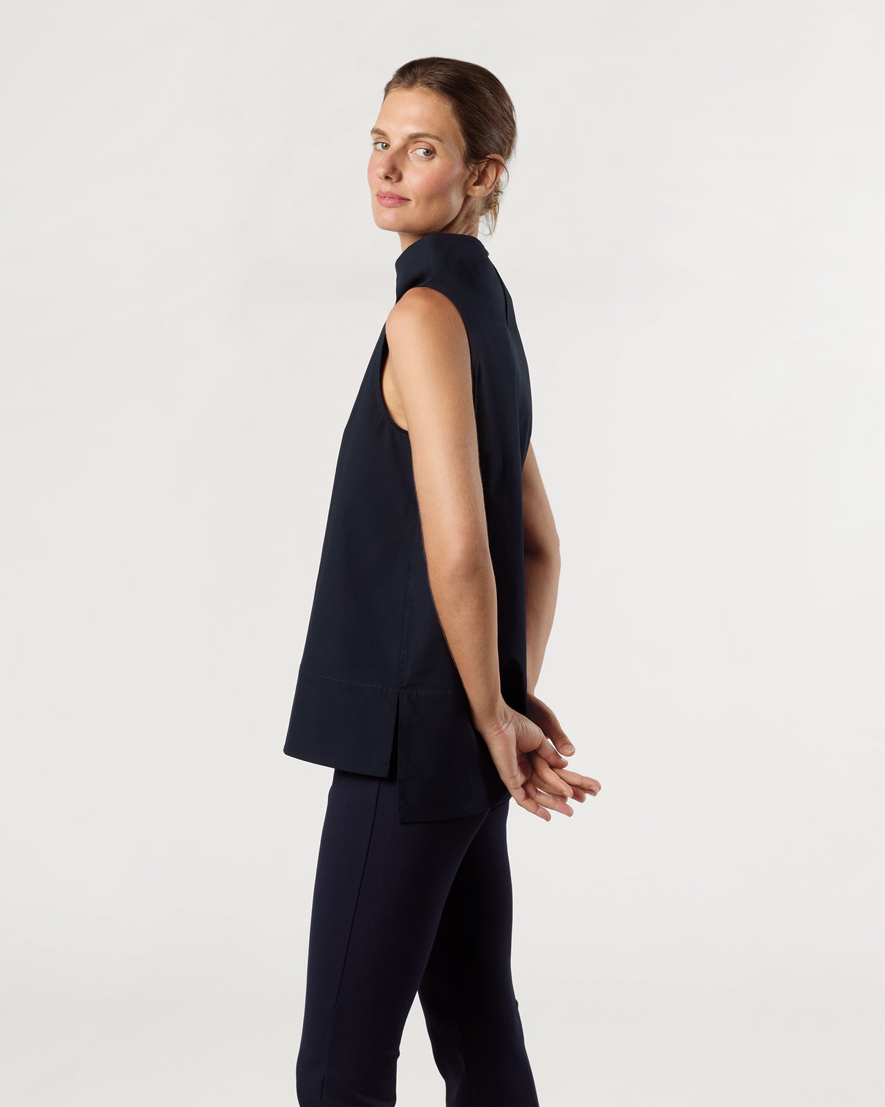 Funnel-Neck Top in Navy Paperweight Stretch Poplin