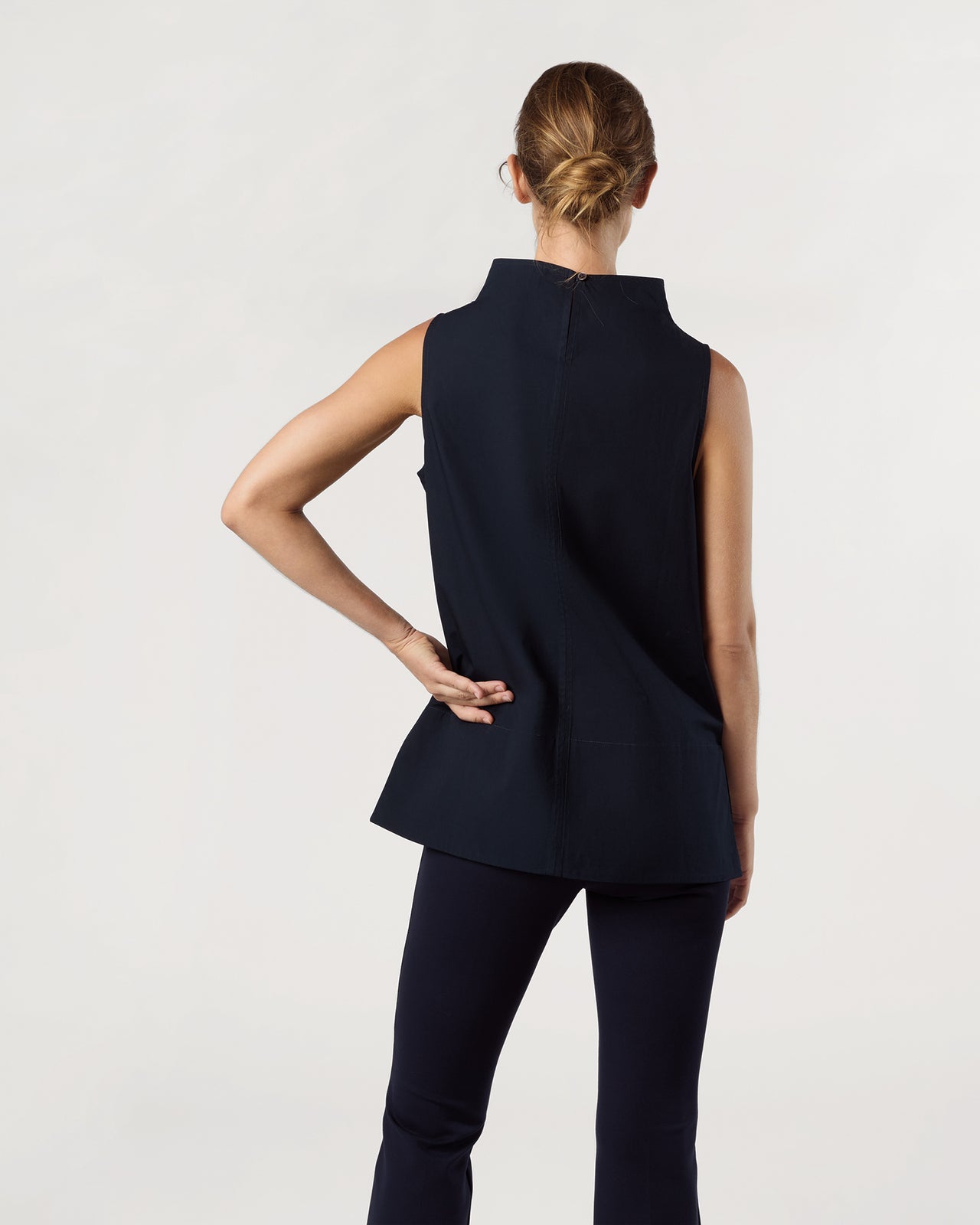 Funnel-Neck Top in Navy Paperweight Stretch Poplin