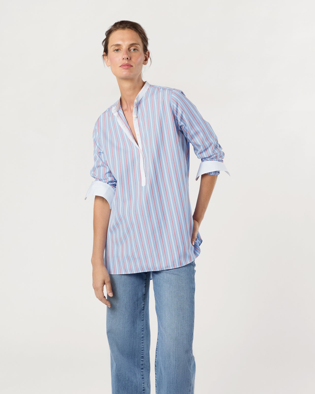 Tatum Tunic in Blue/Red Multi Stripe Poplin