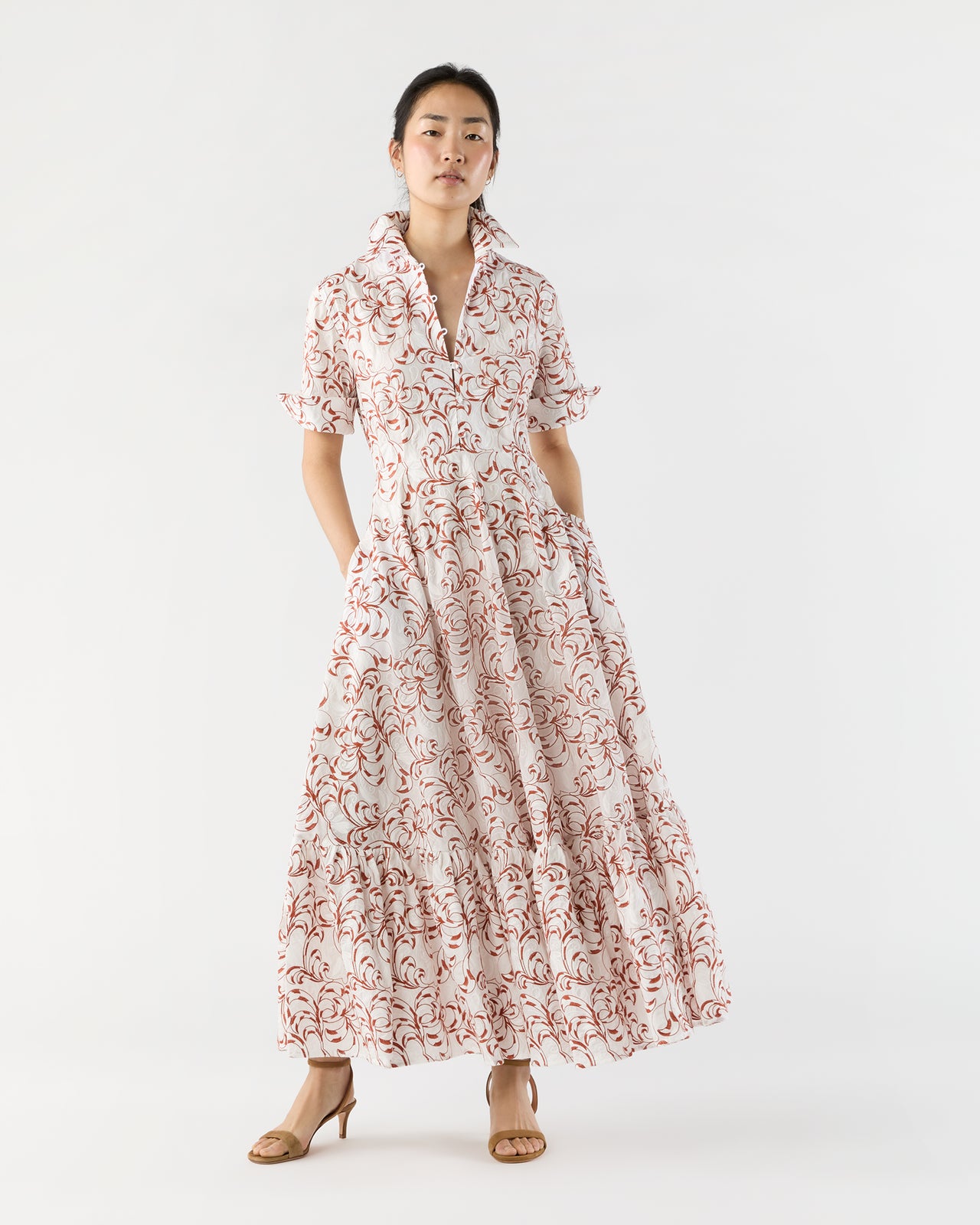 San Pietro Dress in White Fern Embroidered Cotton