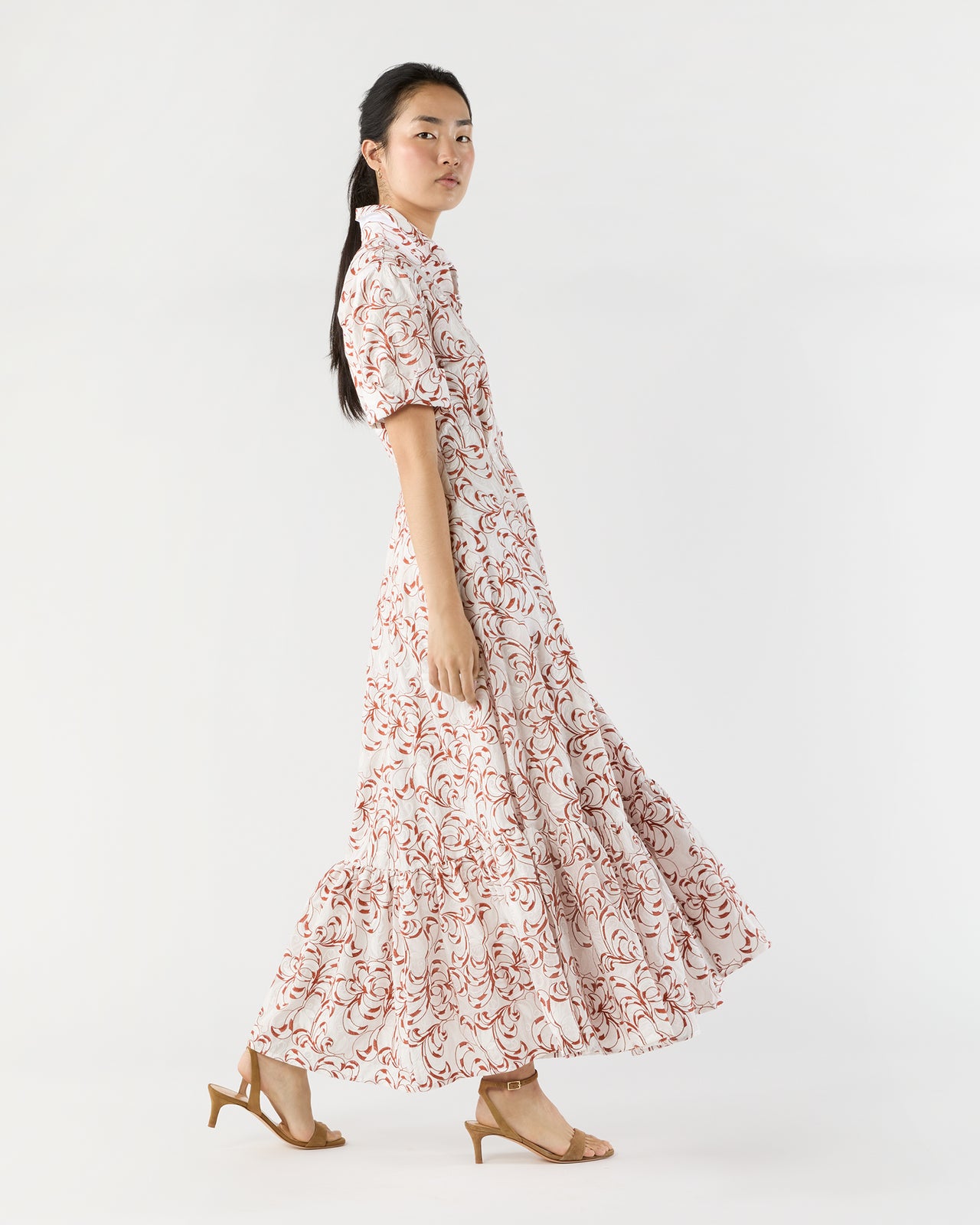 San Pietro Dress in White Fern Embroidered Cotton