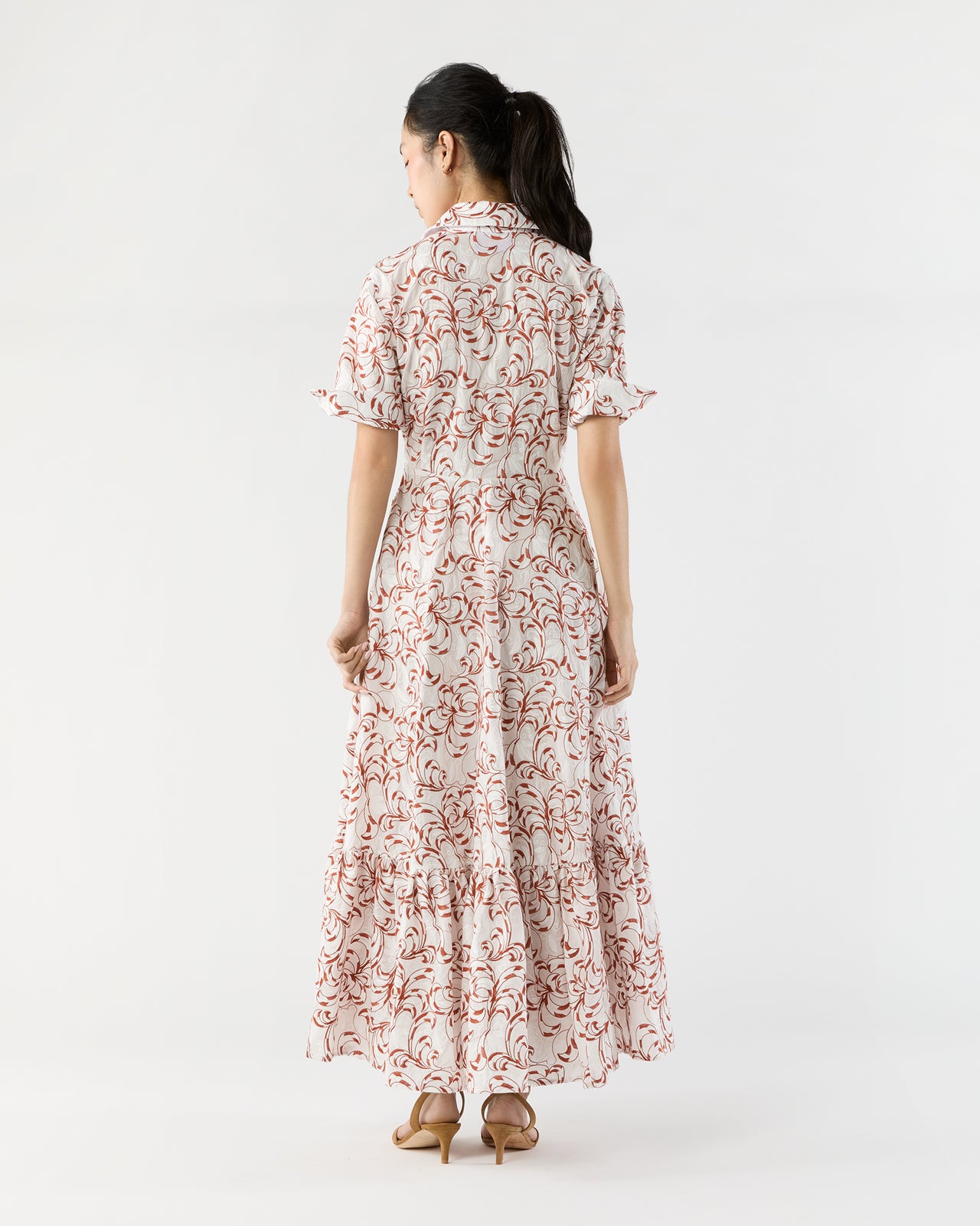 San Pietro Dress in White Fern Embroidered Cotton