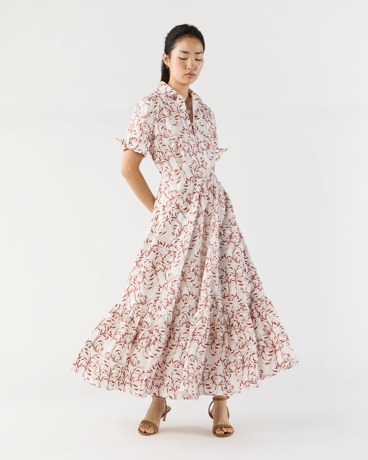 San Pietro Dress in White Fern Embroidered Cotton