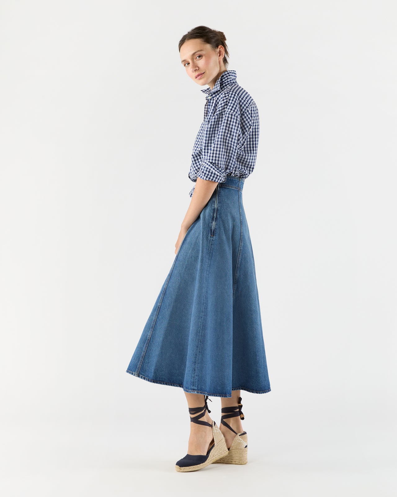 The Uma Midi Denim Skirt in Danube