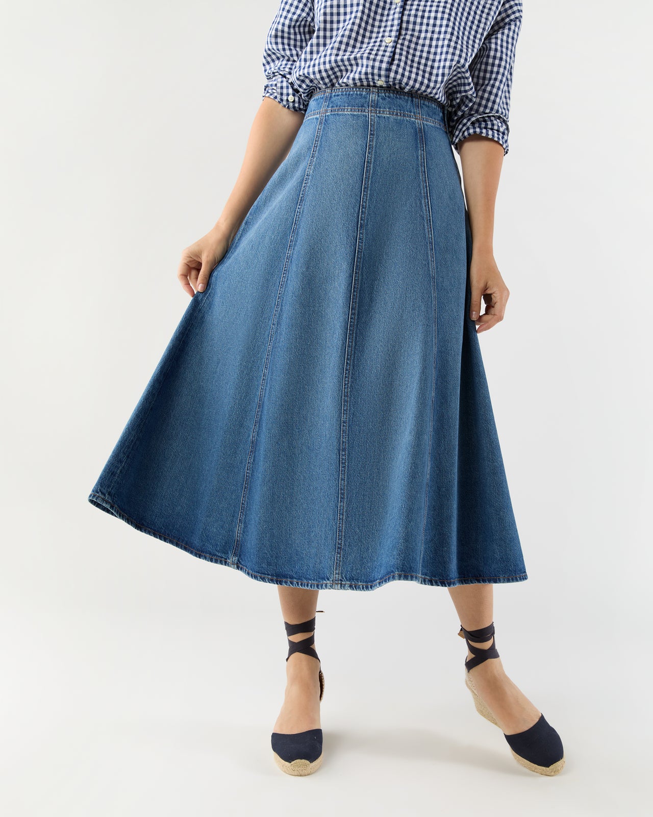 The Uma Midi Denim Skirt in Danube