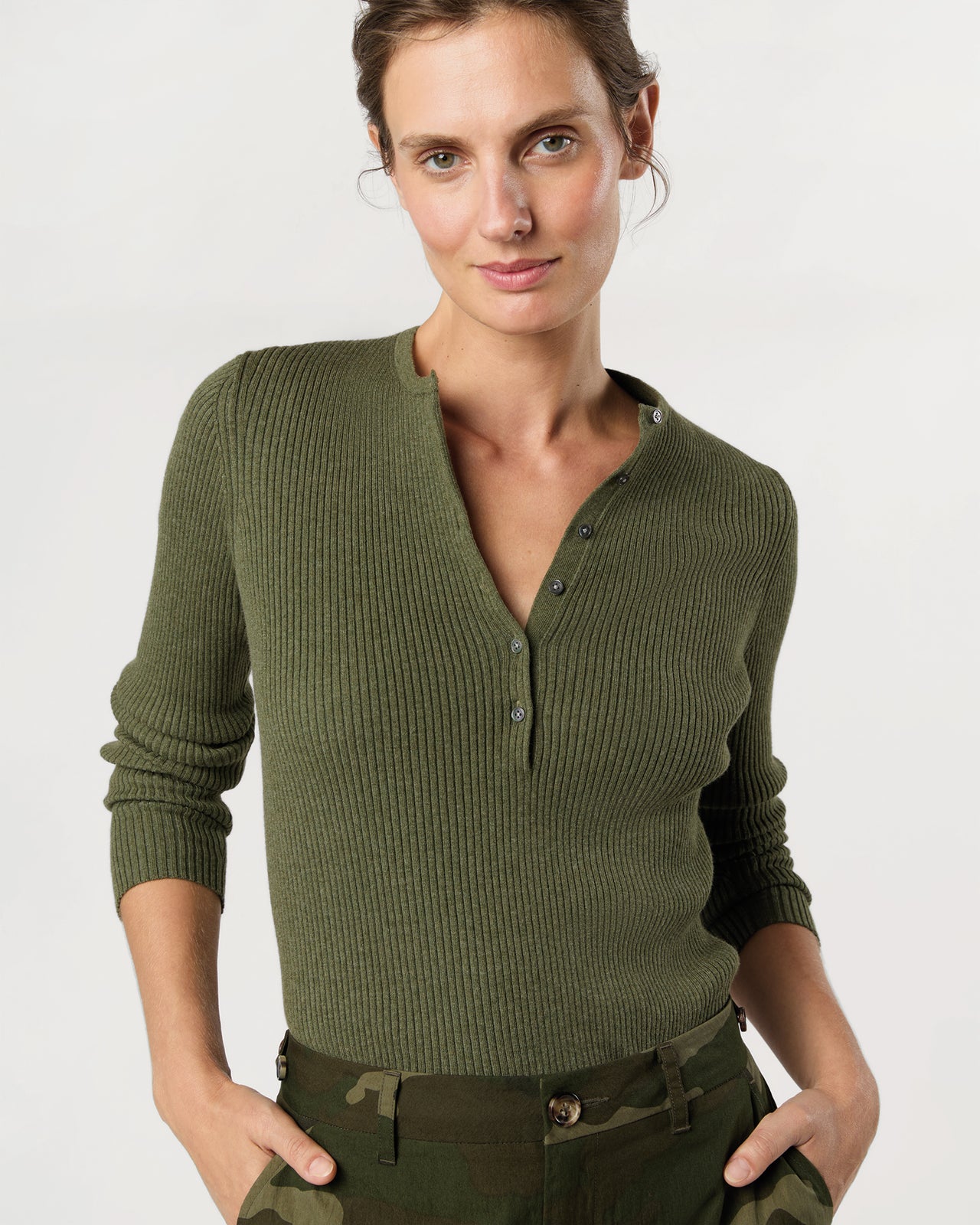 Long-Sleeved Nia Ribbed Henley in Covert Green Cotton/Silk